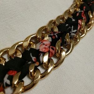 Gold and Black Flowery Fabric Bracelet